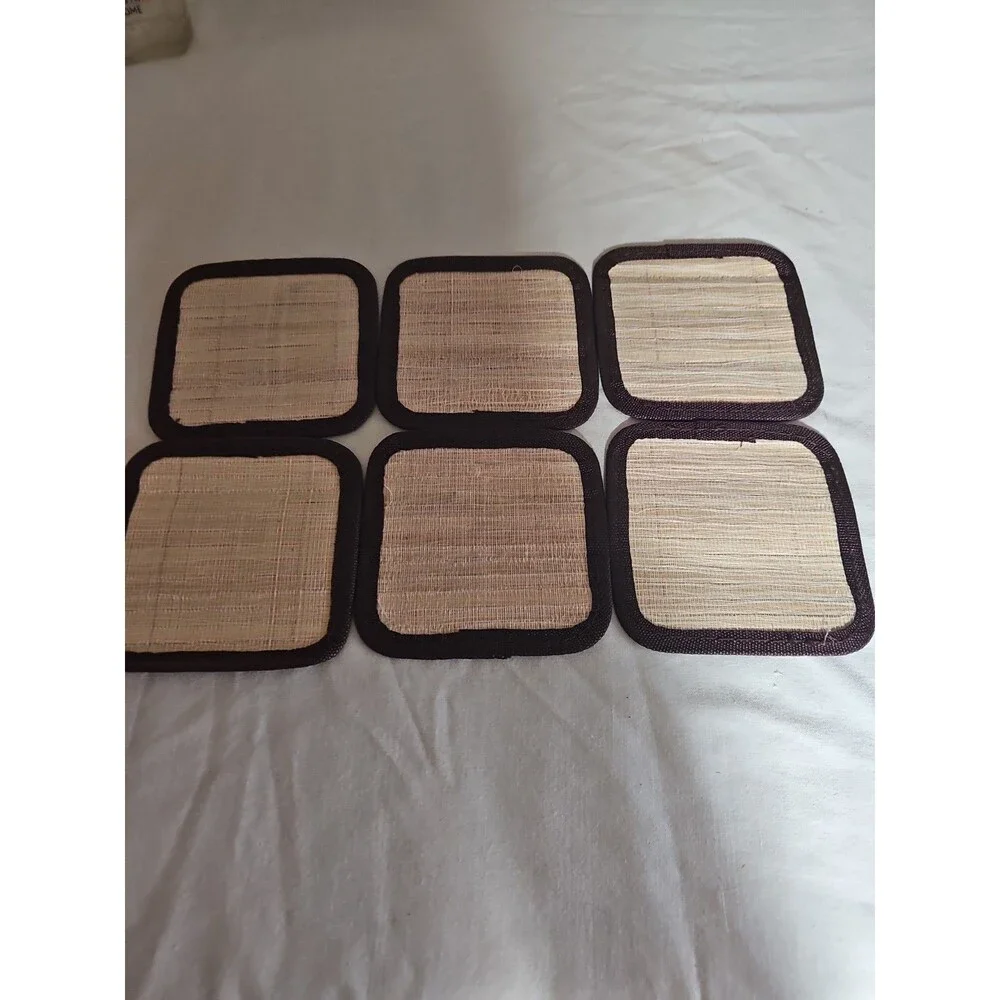 Vintage Style Bamboo Butterfly Coaster Set of 6 Brown Fabric Trim 4.5 Inch